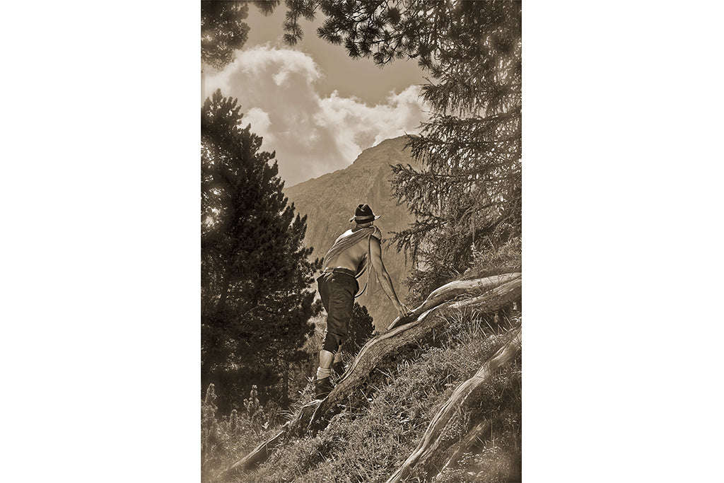 Leinenbild "Aufi muaß i!" Sepia