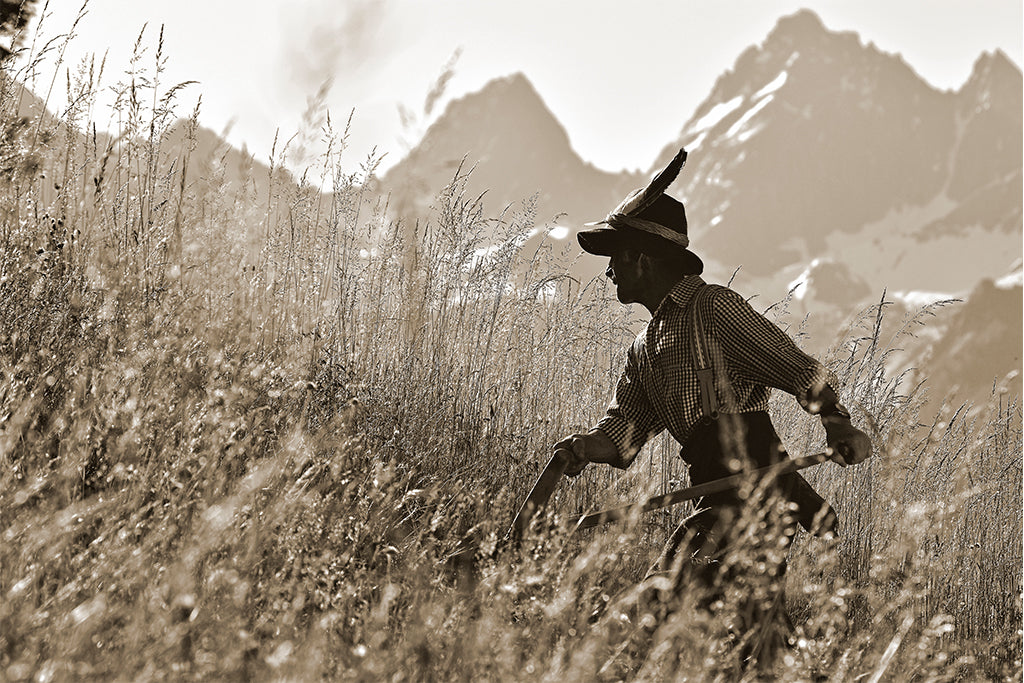 Leinenbild "Bergmahd" Sepia