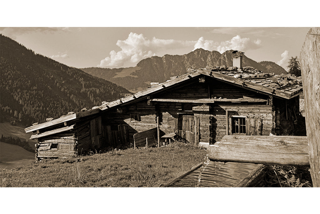 Leinenbild Panorama "Almleben" Sepia